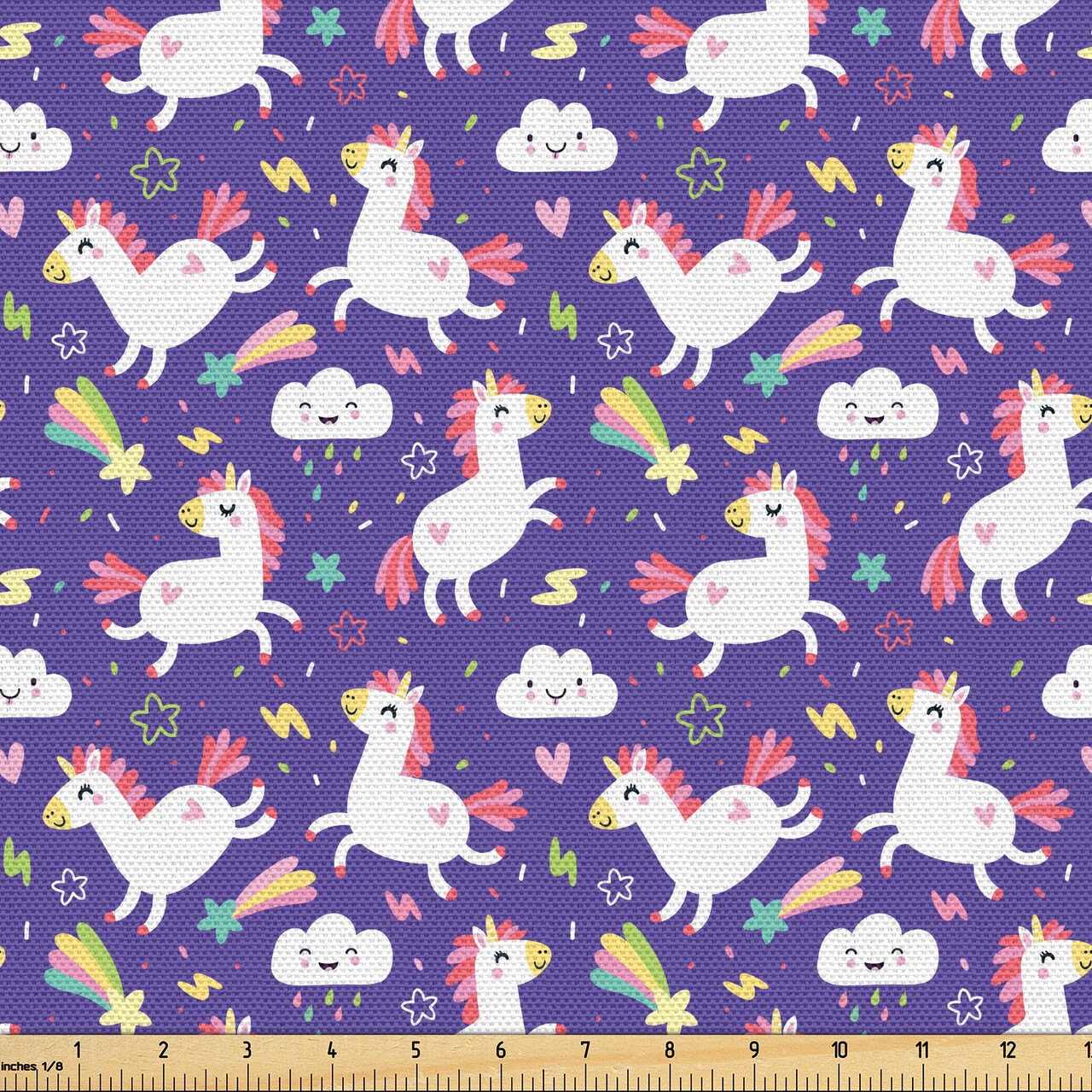 Ambesonne Unicorn Fabric by The Yard, Theme Kawaii Style Inspired Clouds Hearts Rainbows Pattern, Decorative Fabric for Upholstery and Home Accents, 1 Yard, Indigo Purple